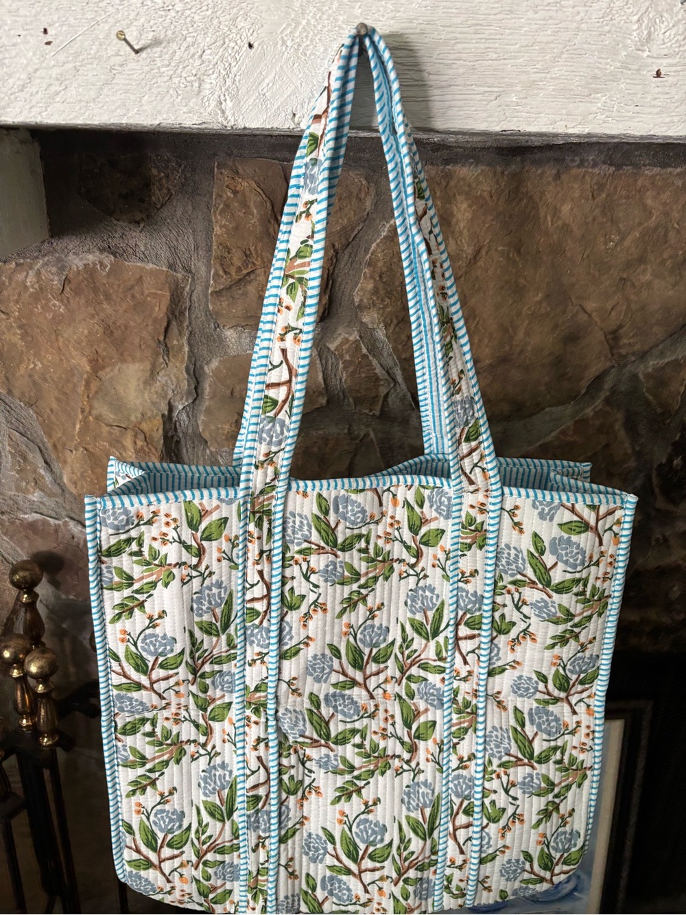 Quilted Floral Tote Bag in Blue and Green